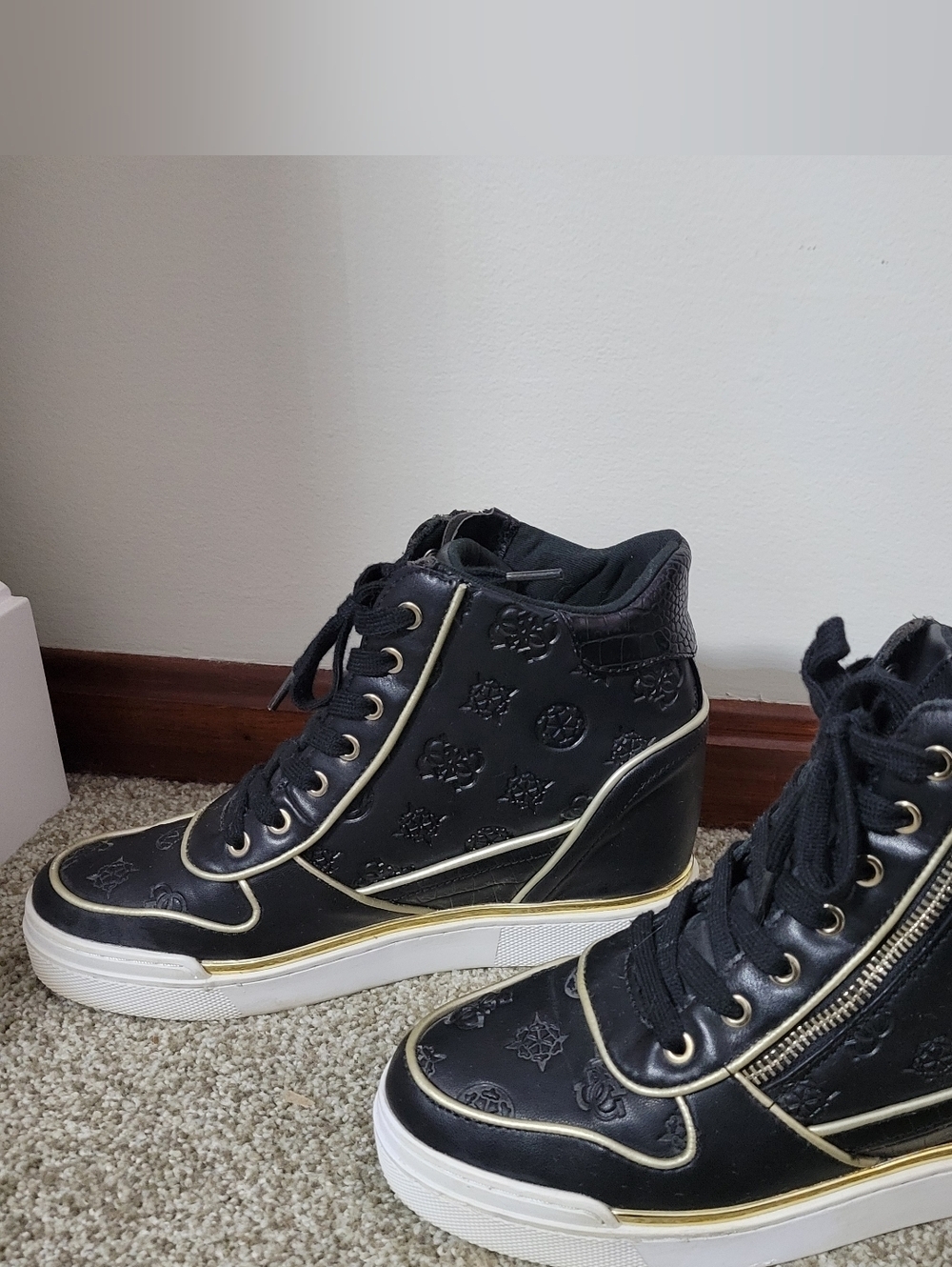 Guess Women's Fiora Wedge Black, Gold & White Fashion Sneakers, Size 7.5
